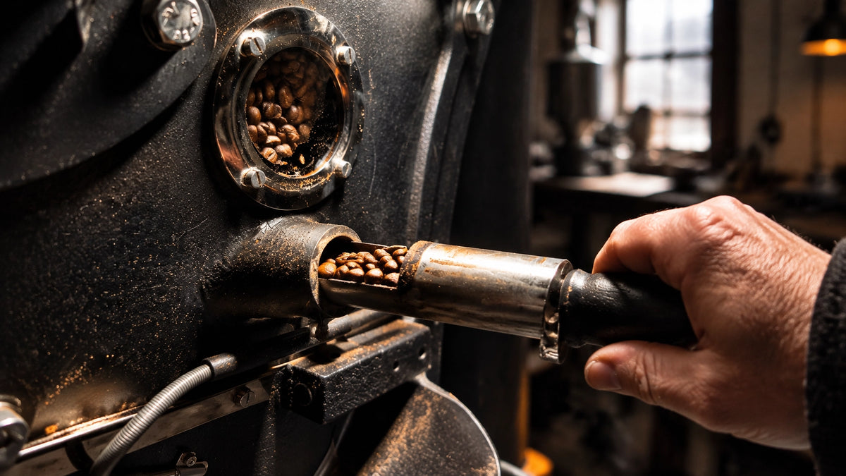 Freshly roasted coffee beans being checked on a small-batch Giesen roaster